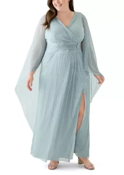 Plus V-Neck Cape Sleeve Solid Gown