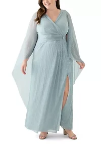 Plus V-Neck Cape Sleeve Solid Gown