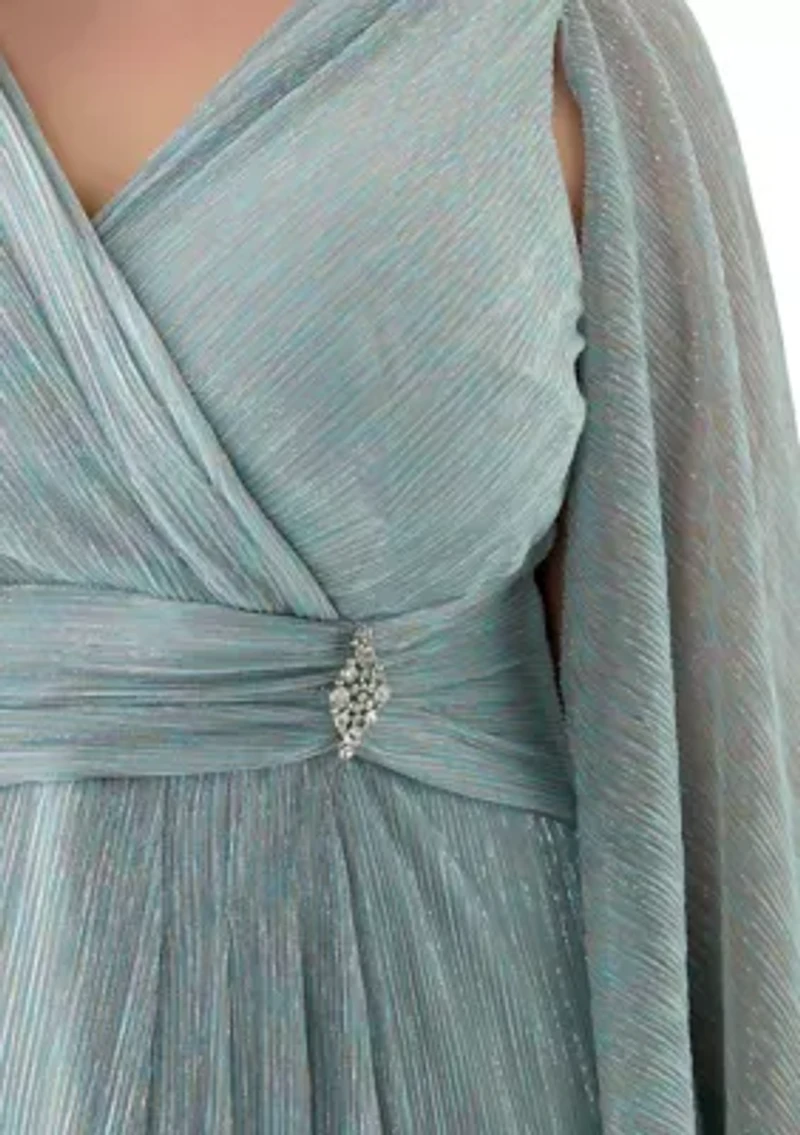 Plus V-Neck Cape Sleeve Solid Gown