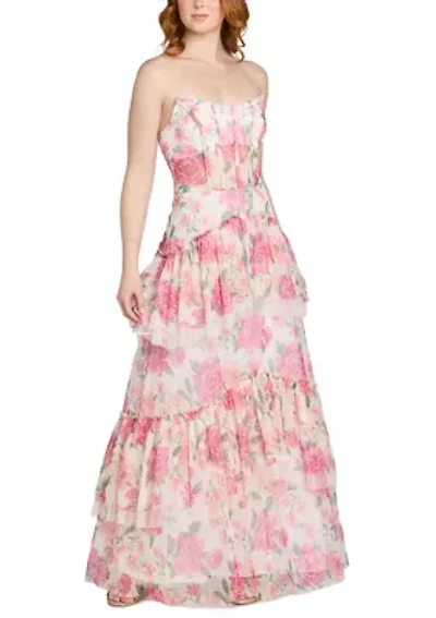 Women's Strapless Floral Corset Tiered Gown