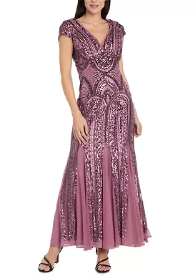 Women's Beaded Mesh Godet Gown