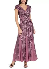 Women's Beaded Mesh Godet Gown