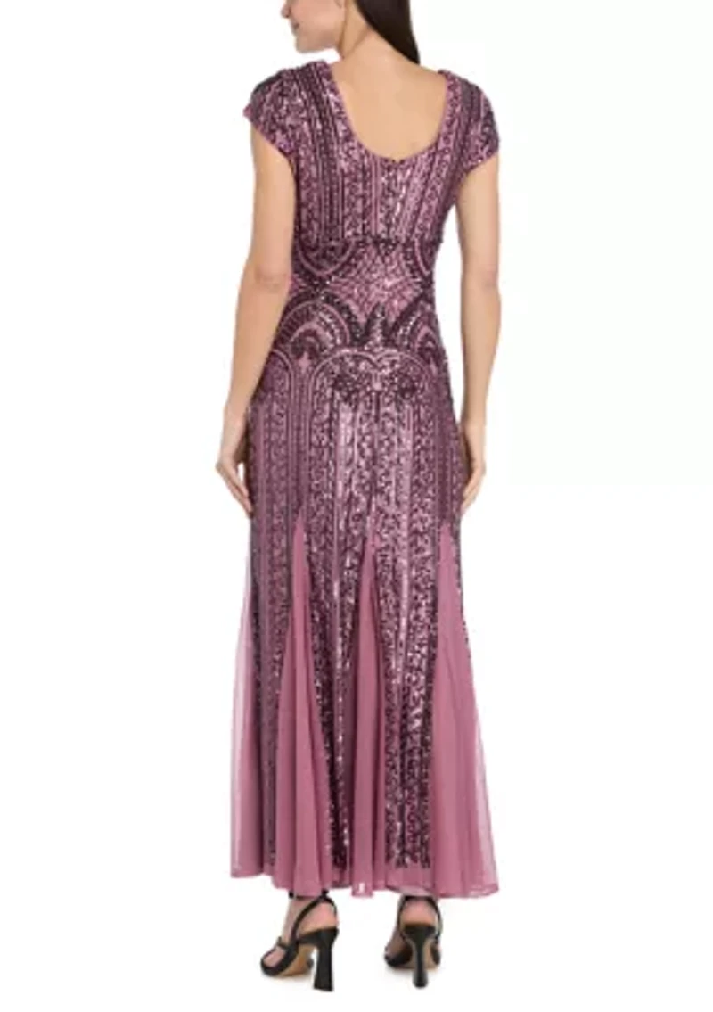 Women's Beaded Mesh Godet Gown