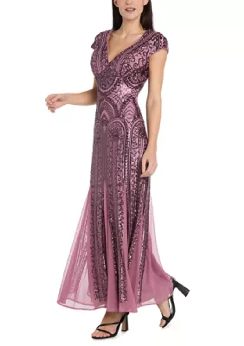 Women's Beaded Mesh Godet Gown