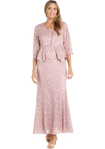 Long Lace 2 Pc Peplum Jacket Dress With Frog Closure