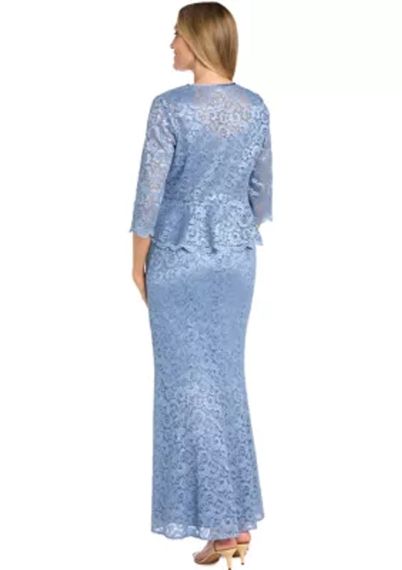 Long Lace 2 Pc Peplum Jacket Dress With Frog Closure