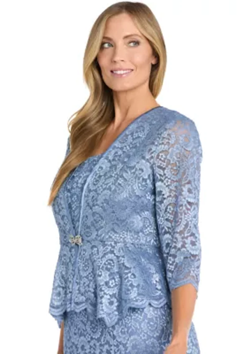 Long Lace 2 Pc Peplum Jacket Dress With Frog Closure