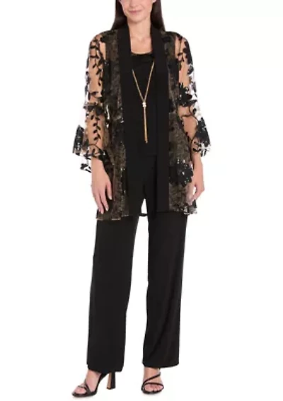 3Pc Floral Threadwork Duster Pantsuit With Sheet Bell Sleeve