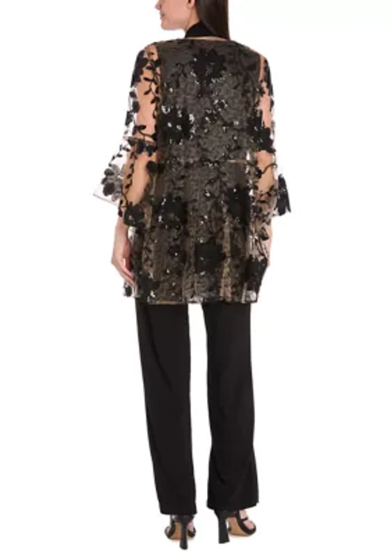 3Pc Floral Threadwork Duster Pantsuit With Sheet Bell Sleeve