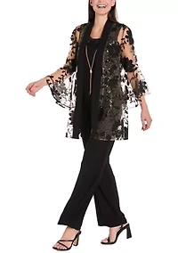 3Pc Floral Threadwork Duster Pantsuit With Sheet Bell Sleeve