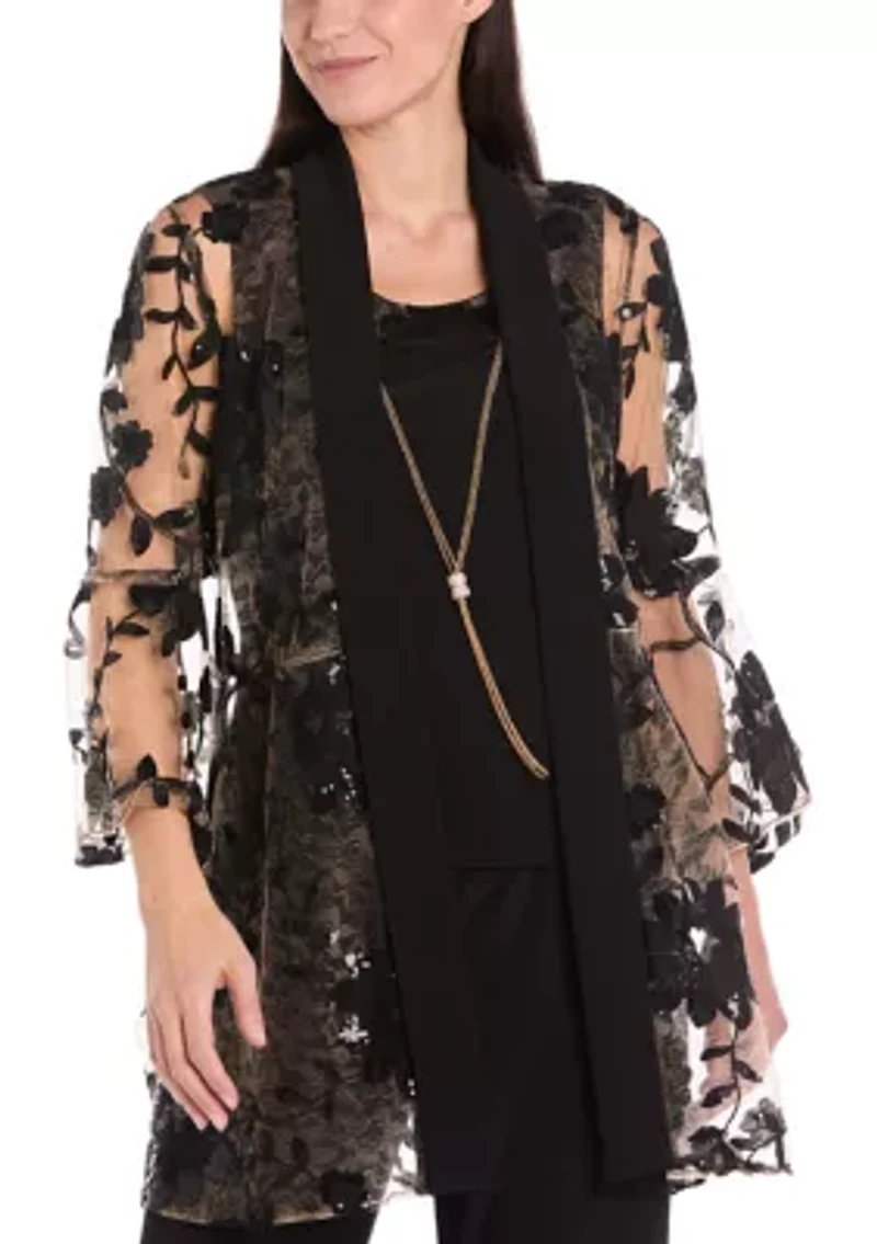 3Pc Floral Threadwork Duster Pantsuit With Sheet Bell Sleeve