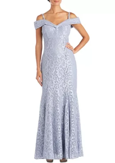 Women's One Piece Long Empire Waist Off Shoulder Dress with 7 Gore Mermaid Bottom