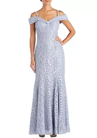 Women's One Piece Long Empire Waist Off Shoulder Dress with 7 Gore Mermaid Bottom