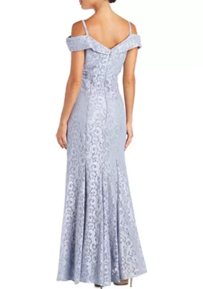 Women's One Piece Long Empire Waist Off Shoulder Dress with 7 Gore Mermaid Bottom
