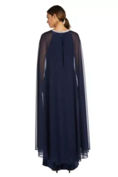 1Pc Long Sheath Dress With Rhinestone Neck And Chiffon Cape