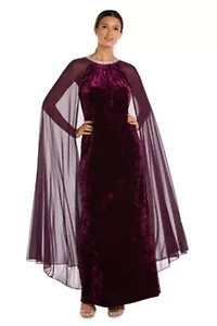 1Pc Long Sheath Dress With Rhinestone Neck And Chiffon Cape
