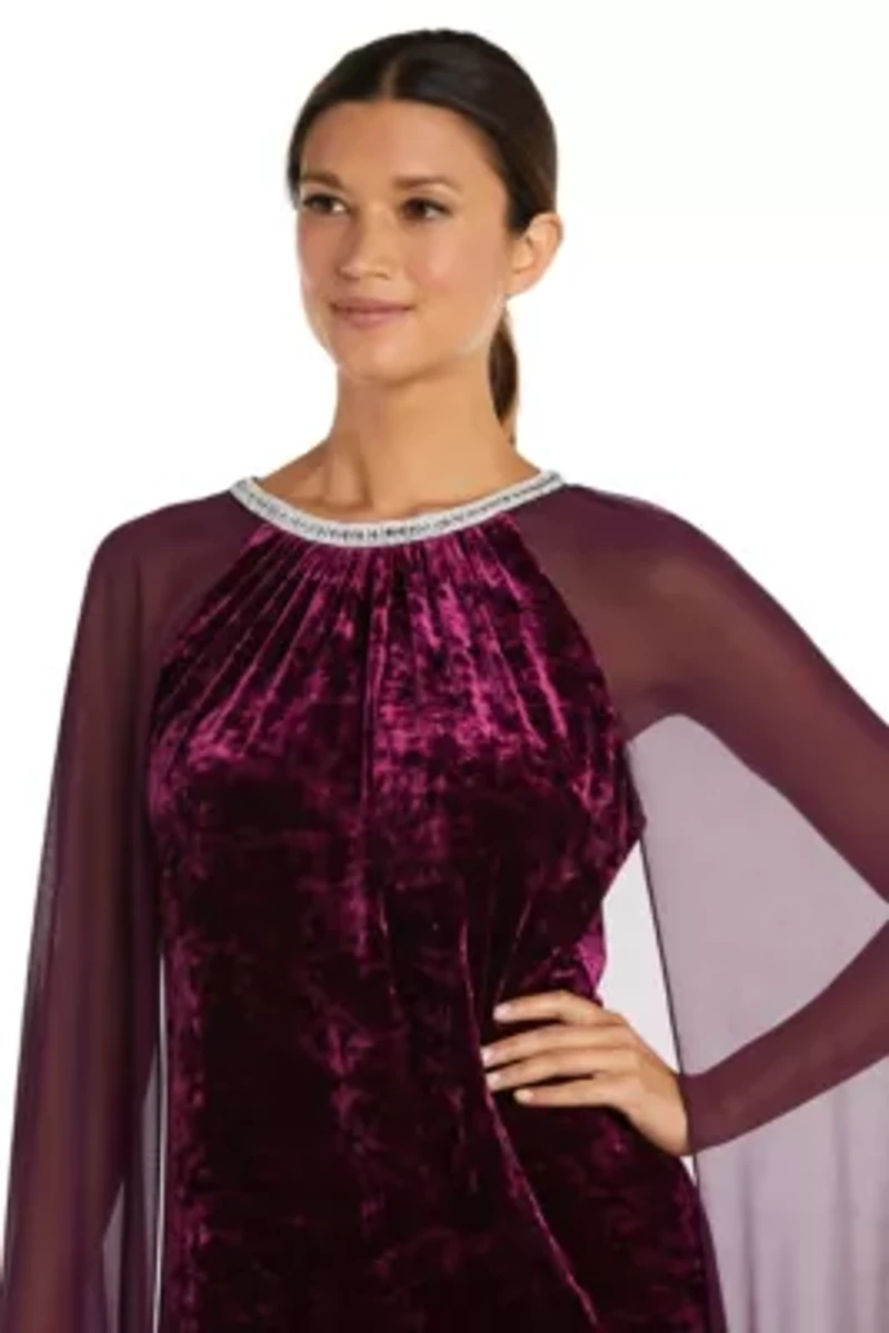 1Pc Long Sheath Dress With Rhinestone Neck And Chiffon Cape