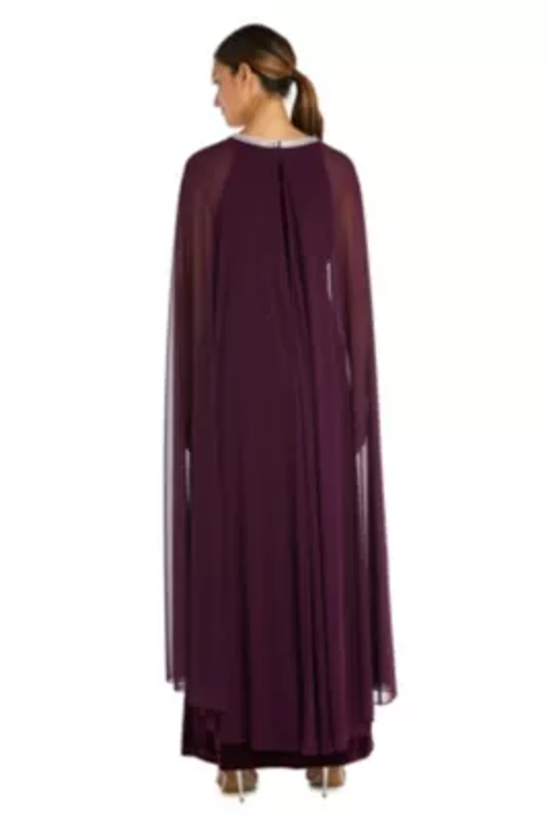 1Pc Long Sheath Dress With Rhinestone Neck And Chiffon Cape
