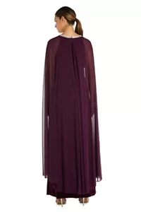 1Pc Long Sheath Dress With Rhinestone Neck And Chiffon Cape