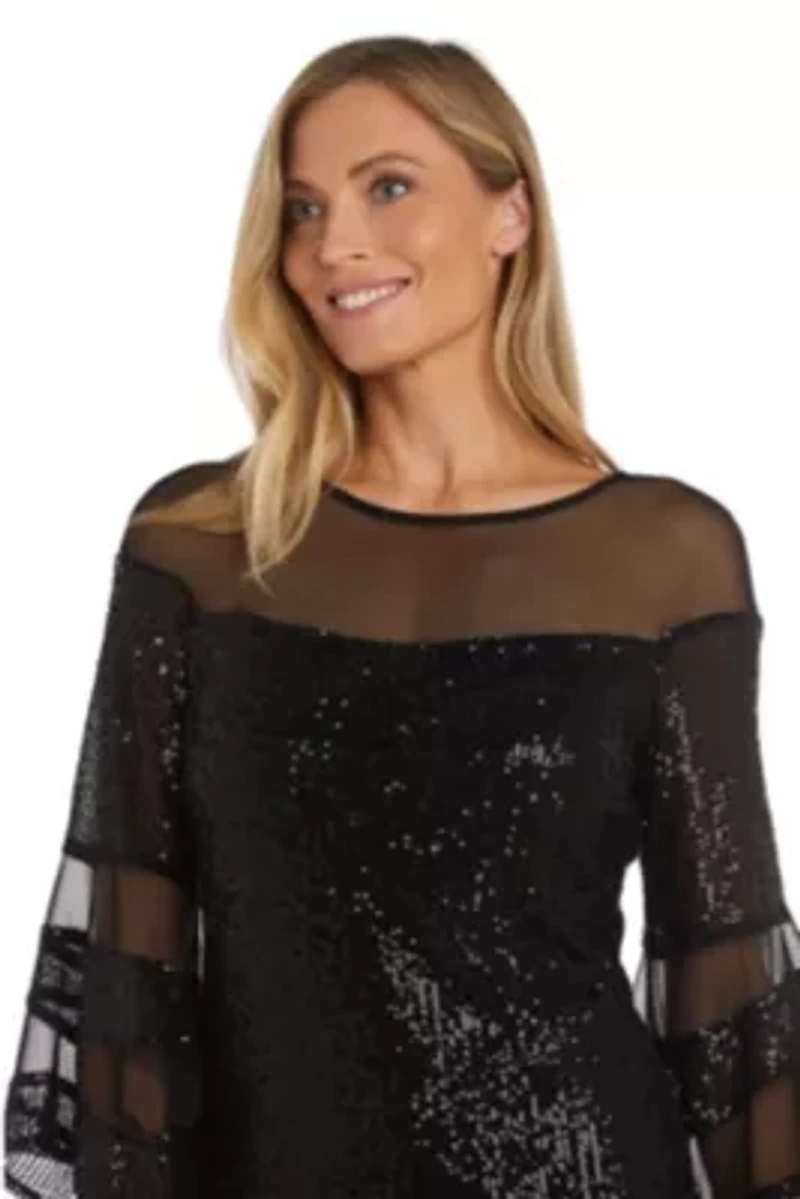 1Pc Short Illusion Sequin Bodice And Bell Sleeve Dress