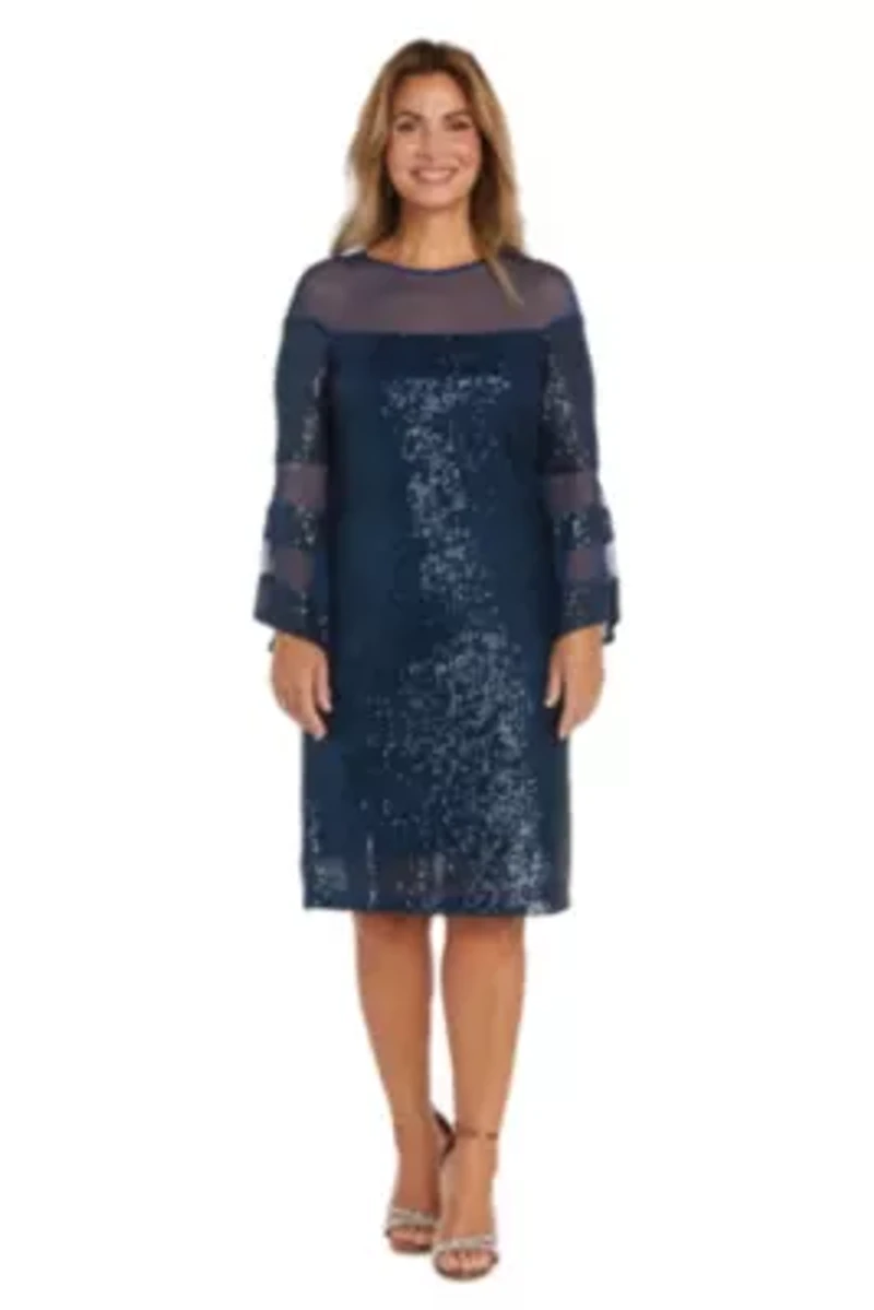 1Pc Short Illusion Sequin Bodice And Bell Sleeve Dress