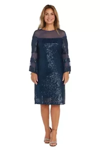 1Pc Short Illusion Sequin Bodice And Bell Sleeve Dress