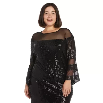 1Pc Short Illusion Sequin Bodice And Bell Sleeve Dress