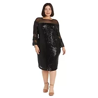 1Pc Short Illusion Sequin Bodice And Bell Sleeve Dress