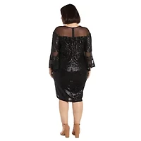 1Pc Short Illusion Sequin Bodice And Bell Sleeve Dress