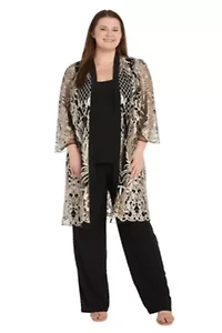 3Pc Emb Sequin Duster Jacket Over Ity Tank And Pant