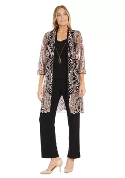 3Pc Emb Sequin Duster Jacket Over Ity Tank And Pant