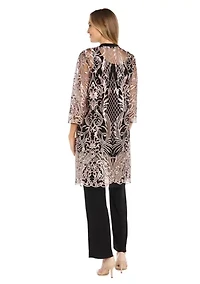 3Pc Emb Sequin Duster Jacket Over Ity Tank And Pant