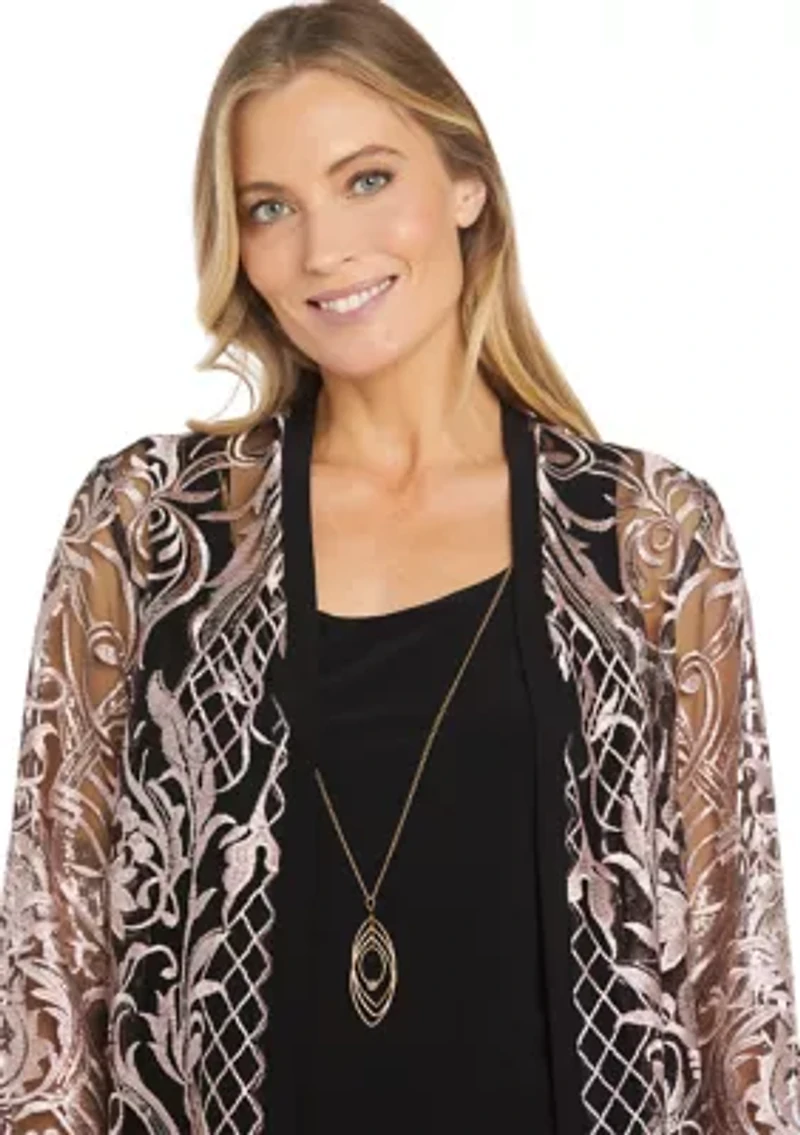 3Pc Emb Sequin Duster Jacket Over Ity Tank And Pant