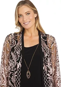 3Pc Emb Sequin Duster Jacket Over Ity Tank And Pant