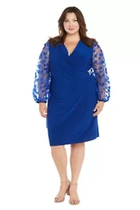 Womens 1Pc 3D Floral Embroidered Balloon Sleeve Faux Wrap Dress