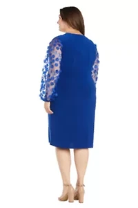 Womens 1Pc 3D Floral Embroidered Balloon Sleeve Faux Wrap Dress