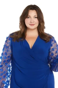 Womens 1Pc 3D Floral Embroidered Balloon Sleeve Faux Wrap Dress