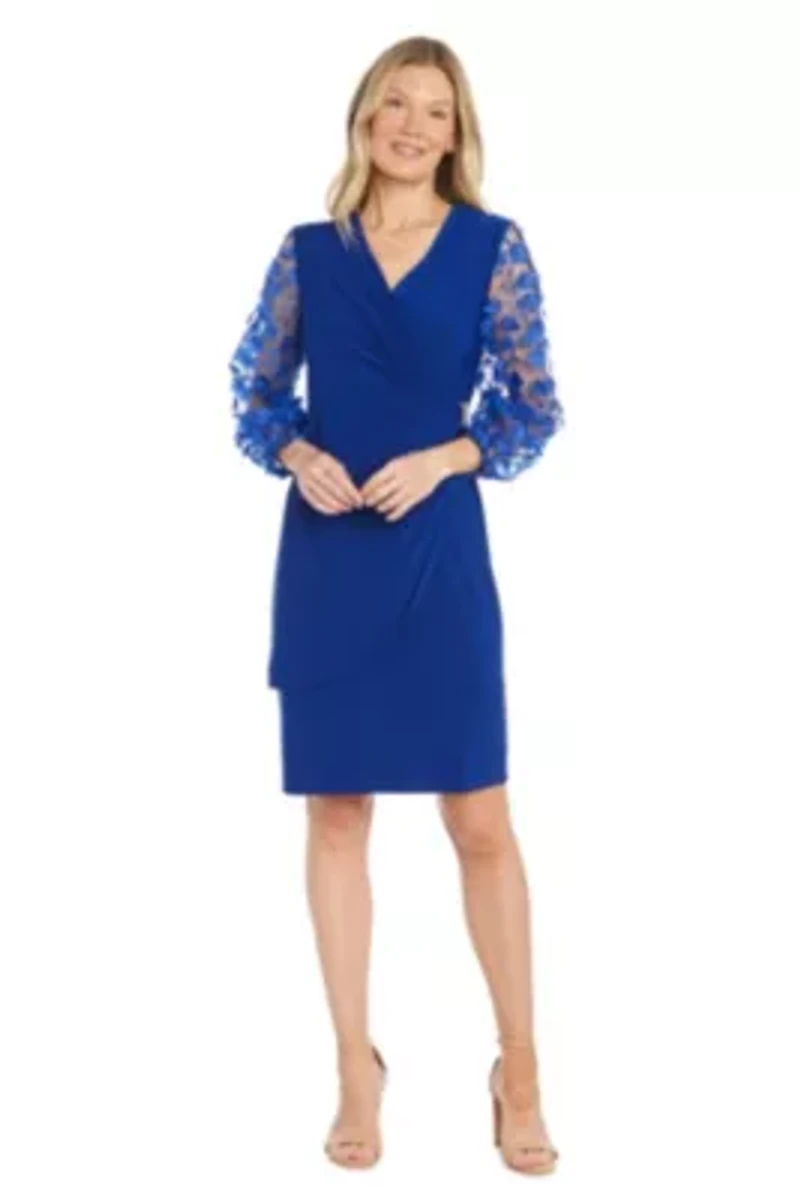 Missy 1Pc 3D Floral Embroidered Balloon Sleeve Faux Wrap Dress