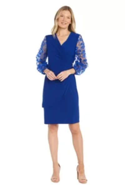 Missy 1Pc 3D Floral Embroidered Balloon Sleeve Faux Wrap Dress