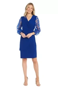 Missy 1Pc 3D Floral Embroidered Balloon Sleeve Faux Wrap Dress