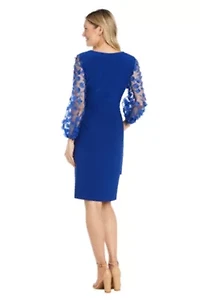 Missy 1Pc 3D Floral Embroidered Balloon Sleeve Faux Wrap Dress