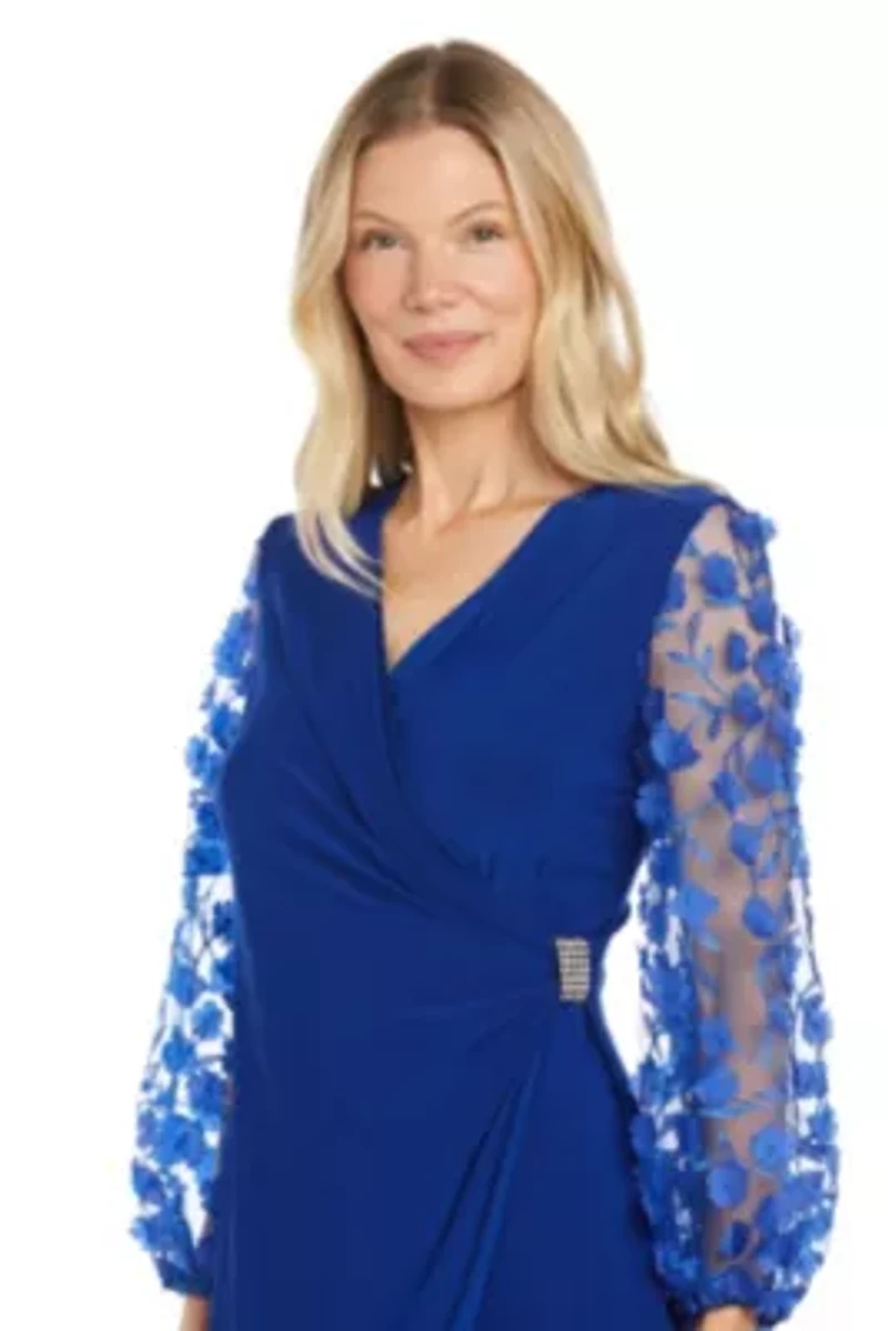 Missy 1Pc 3D Floral Embroidered Balloon Sleeve Faux Wrap Dress