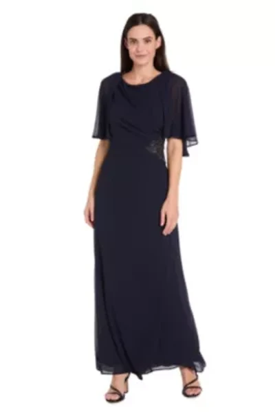 Missy Long Chiffon Dress with Capelet and Flower Detail at Waist