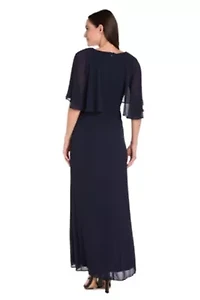 Missy Long Chiffon Dress with Capelet and Flower Detail at Waist