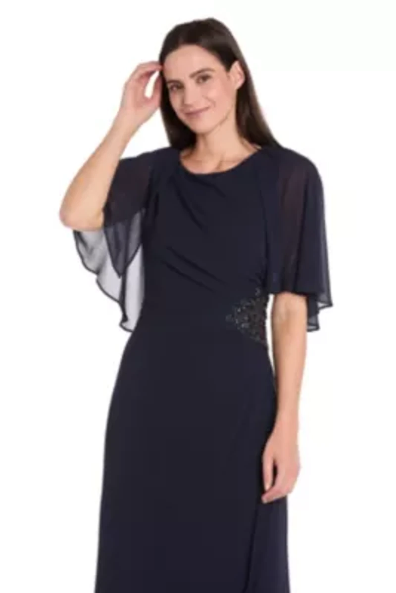 Missy Long Chiffon Dress with Capelet and Flower Detail at Waist
