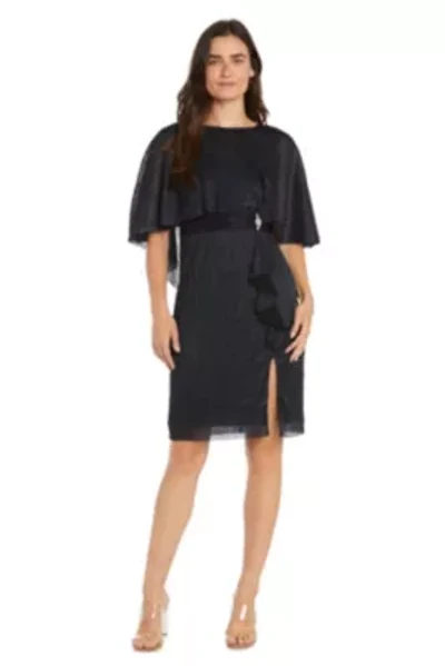 Short Crystal Pleated Dress with Capelet and Side Ruffle Cascade Brooch