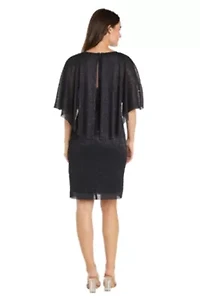 Short Crystal Pleated Dress with Capelet and Side Ruffle Cascade Brooch