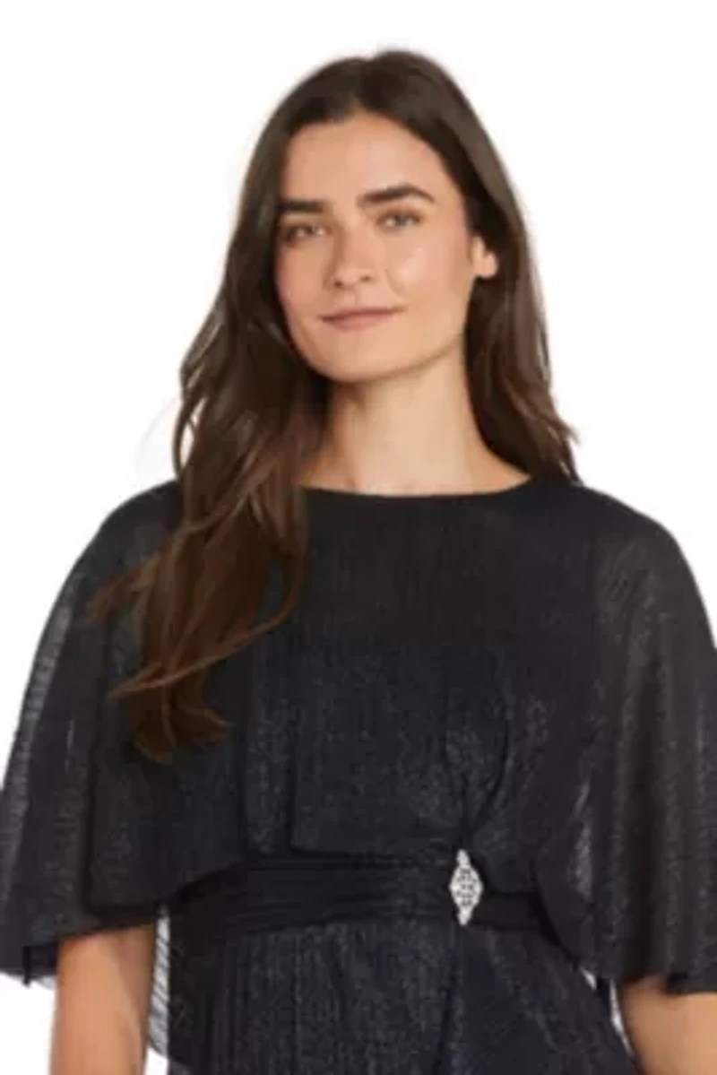 Short Crystal Pleated Dress with Capelet and Side Ruffle Cascade Brooch