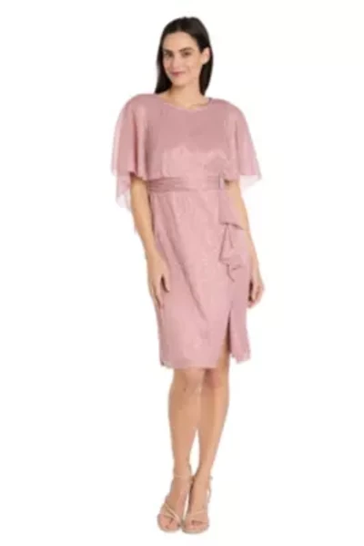 Short Crystal Pleated Dress With Capelet and Side Ruffle