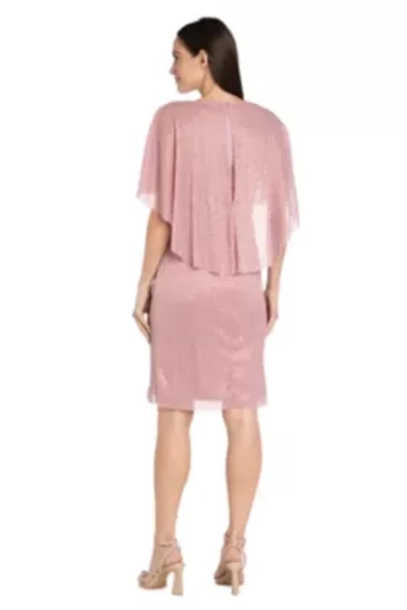 Short Crystal Pleated Dress With Capelet and Side Ruffle